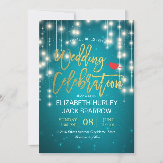 Invitation Gold & Turquoise String Lights Mariage Celebration (Devant)