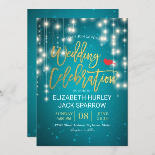 Invitation Gold & Turquoise String Lights Mariage Celebration (Devant / Derrière)