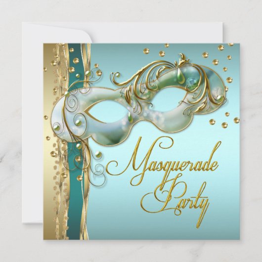 Invitation Gold Turquoise Turquoise Blue Masquerade Party (Devant)