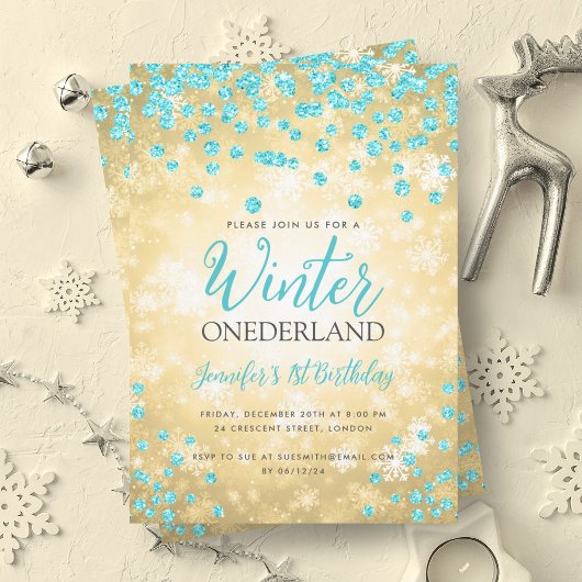 Invitation Gold Turquoise Winter ONEDERLAND 1er anniversaire