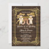 Invitation Gold Twin Boy Baptême et Anniversaire Bois rustiqu (Devant)