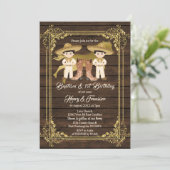 Invitation Gold Twin Boy Baptême et Anniversaire Bois rustiqu (Debout devant)