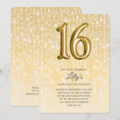 Invitation Gold Twinkle Lights et Foil Balloon 16e anniversai (Devant / Derrière)