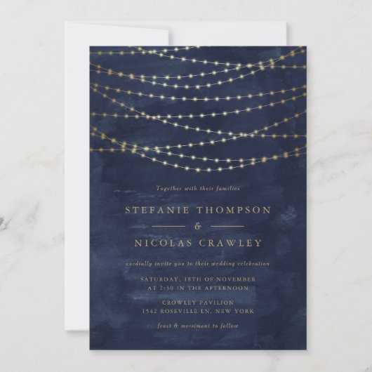 Invitation Gold Twinkle String Lights Aquarelle Mariage bleu (Devant)