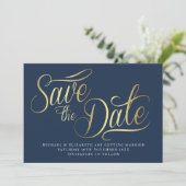Invitation Gold Typo Modern Blue Save The Date Card (Debout devant)