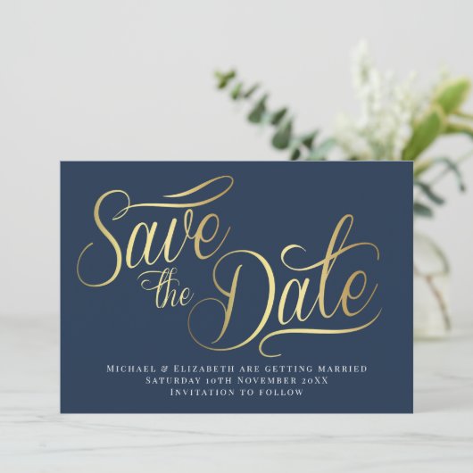 Invitation Gold Typo Modern Blue Save The Date Card (Debout devant)