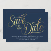 Invitation Gold Typo Modern Blue Save The Date Card (Devant / Derrière)