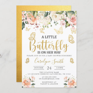 Invitation Gold Un Petit Papillon Est En Chemin Baby shower