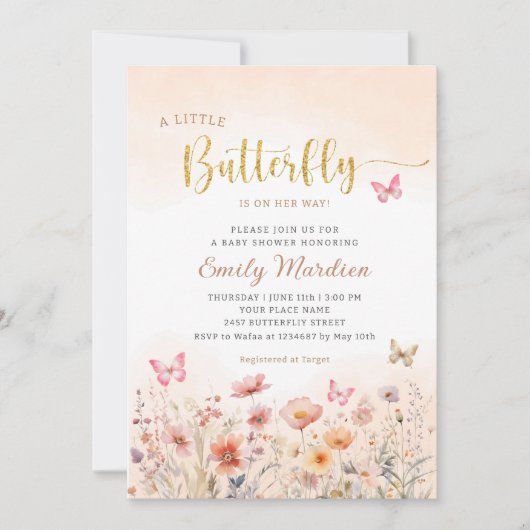 Invitation Gold Un Petit Papillon Est En Chemin Baby shower (Devant)