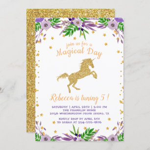 Invitation Gold Unicorn Aquarelle Florale fête d'anniversaire