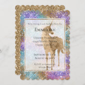 Invitation Gold Unicorn Éperche violet Aqua Parties scintilla (Devant / Derrière)