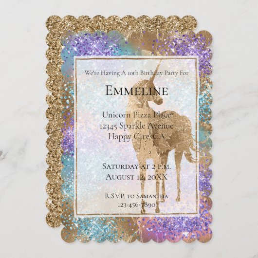 Invitation Gold Unicorn Éperche violet Aqua Parties scintilla (Devant / Derrière)