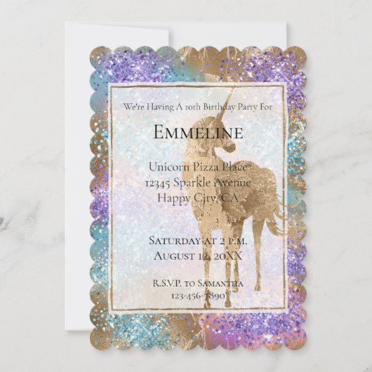Invitation Gold Unicorn Éperche violet Aqua Parties scintilla (Devant)