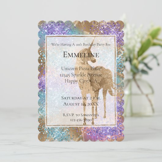 Invitation Gold Unicorn Éperche violet Aqua Parties scintilla (Debout devant)