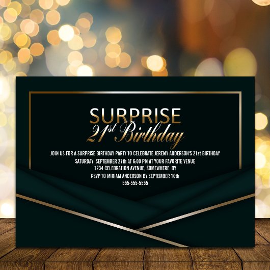 Invitation Gold Vert sophistiqué 21e anniversaire surprenant