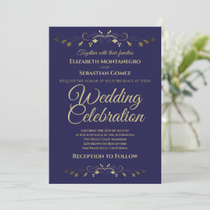 Invitation Gold Vintage fleurir sur bleu marine Simple Mariag