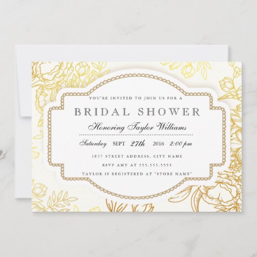 Invitation Gold Vintage Floral Douche nuptiale (Devant)