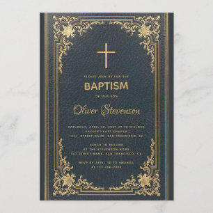 Invitation Gold vintage sur bleu marine Elegant Boy Baptism