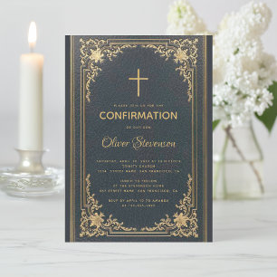 Invitation Gold vintage sur Navy Blue Elegant Boy Confirmatio