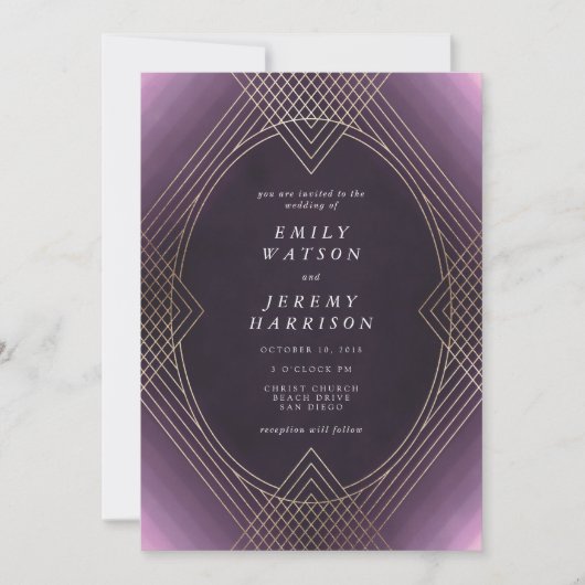 Invitation Gold violet ovale Géométrique Mariage Gatsby (Devant)