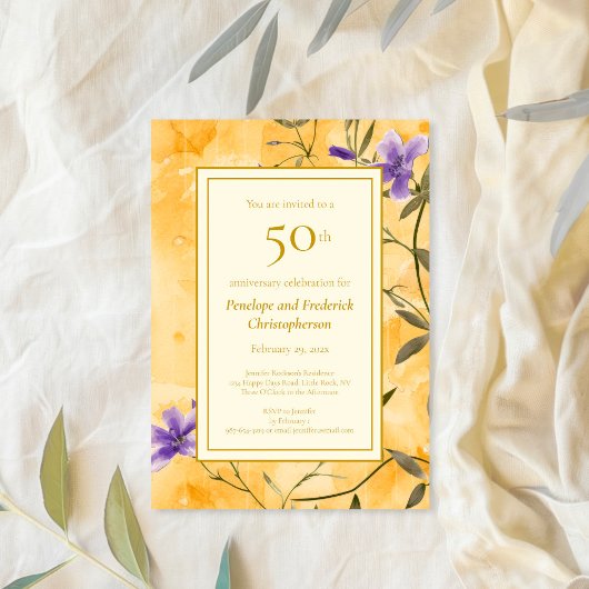 Invitation Gold Violets Floral 50e anniversaire Mariage