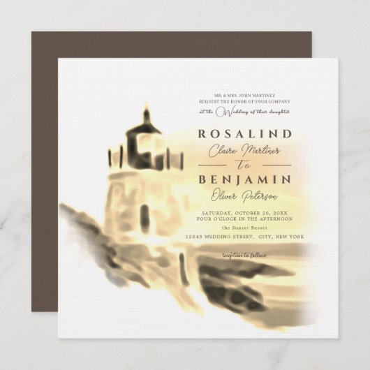 Invitation Gold Watercolor Beach Lighthouse Mariage paysage (Devant / Derrière)