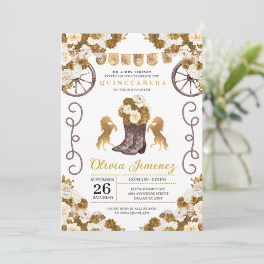 Invitation Gold Western Mariachi Charro Boots Quinceañera (Debout devant)