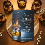 Invitation Gold Whiskey Theme Adult Men 21st Birthday Party<br><div class="desc">A modern design featuring a gold whiskey glass with burning fire,  sparks and ice and elegant calligraphy on a dark blue background. Customize the details for a cool Birthday Celebration.</div>