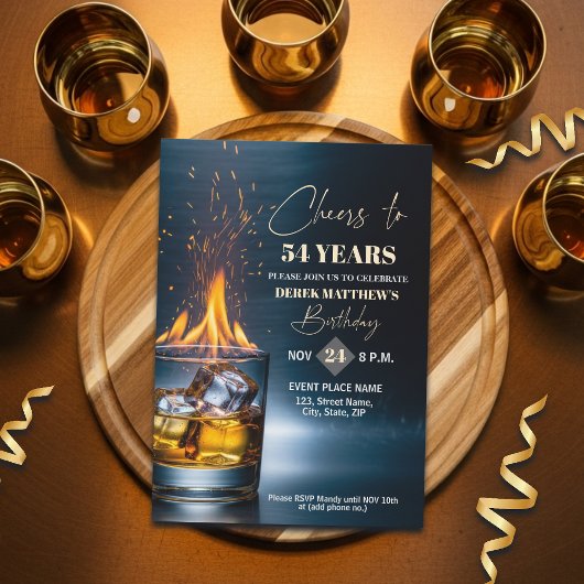 Invitation Gold Whiskey Theme Men 54th Birthday Party