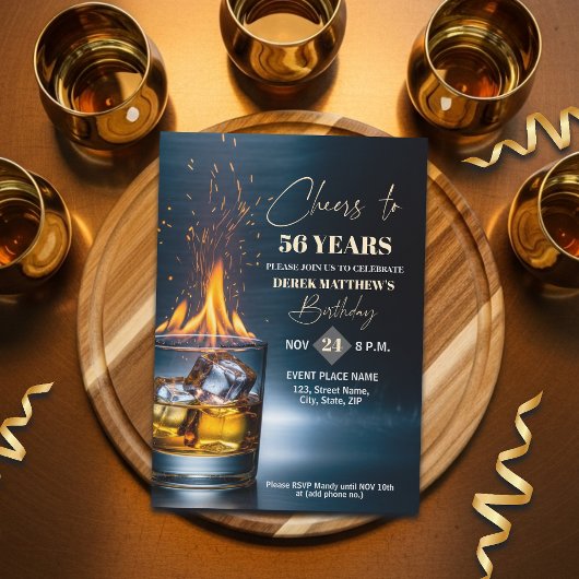 Invitation Gold Whiskey Theme Men 56th Birthday Party