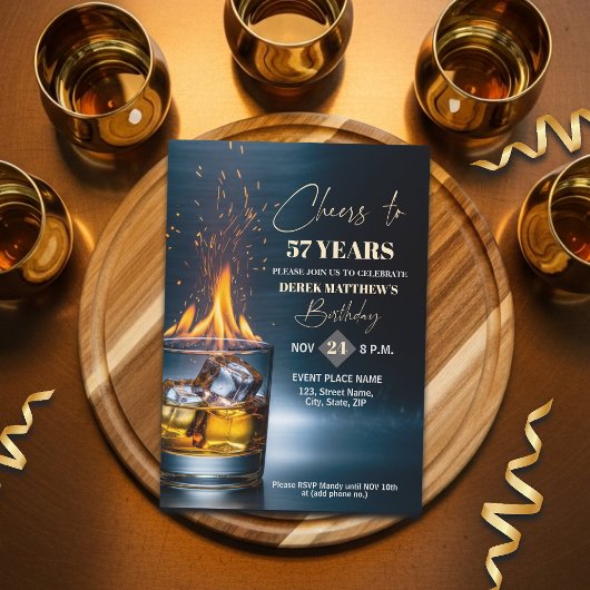 Invitation Gold Whiskey Theme Men 57th Birthday Party