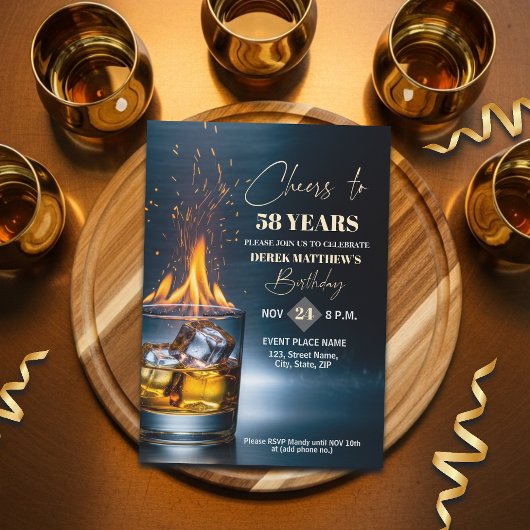 Invitation Gold Whiskey Theme Men 58th Birthday Party