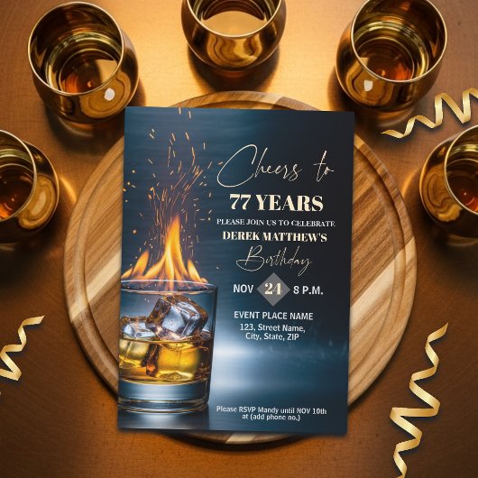 Invitation Gold Whiskey Theme Men 77th Birthday Party
