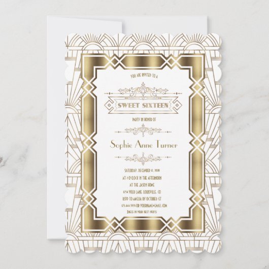 Invitation Gold White Art Déco Gatsby 20s Style Sweet 16 (Devant)