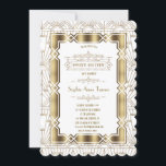 Invitation Gold White Art Déco Gatsby 20s Style Sweet 16<br><div class="desc">Design élégant et romantique Art Déco Great Gatsby style design. Il présente un style Art déco, une forme angulaire en feuille d'or faux, des ornements, de magnifiques polices vintages, sur un arrière - plan Art déco d'or blanc. Utilisez l'outil Personnaliser pour ajouter vos informations. Pour les objets correspondants, veuillez visiter...</div>
