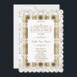 Invitation Gold White Art Déco Gatsby 20s Style Sweet 16<br><div class="desc">Design élégant et romantique Art Déco Great Gatsby style design. Il présente un style Art déco, une forme angulaire en feuille d'or faux, des ornements, de magnifiques polices vintages, sur un arrière - plan Art déco d'or blanc. Utilisez l'outil Personnaliser pour ajouter vos informations. Pour les objets correspondants, veuillez visiter...</div>