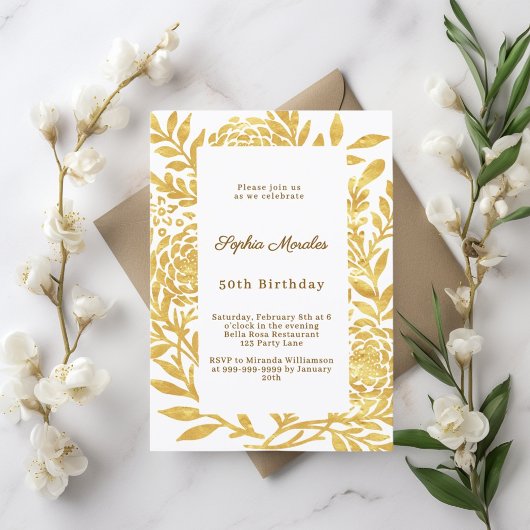 Invitation Gold white botanical birthday