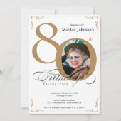 Invitation Gold White Elegant Photo 80th Birthday Party (Devant)