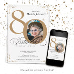 Invitation Gold White Elegant Photo 80th Birthday Party<br><div class="desc">Gold White Elegant Photo 80th Birthday Party Invitation. Et élégamment conçu invitation spéciale fête d'anniversaire,  avec une photo personnalisée de personne d'anniversaire et de calligraphie script avec des éléments florissants vintages. Assez simple pour s'adapter à une variété de thèmes et de couleurs ! Besoin d'aide ? Contactez-moi !</div>