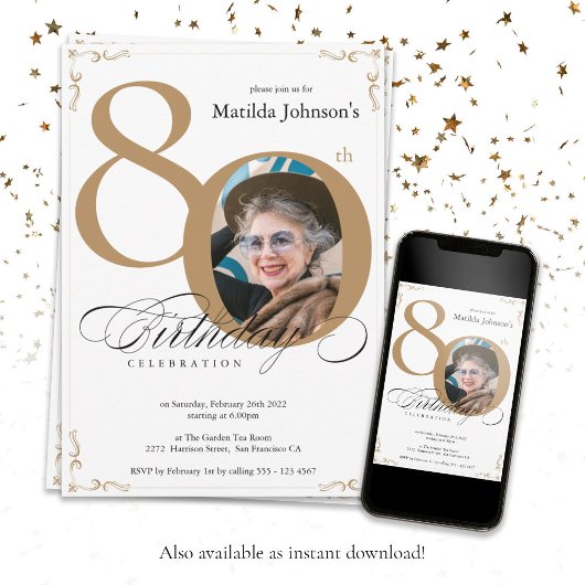 Invitation Gold White Elegant Photo 80th Birthday Party