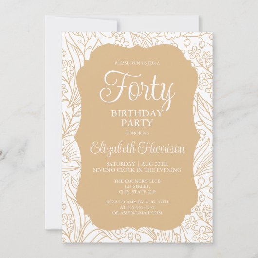 Invitation Gold White Flora Femme 40e fête d'anniversaire (Devant)