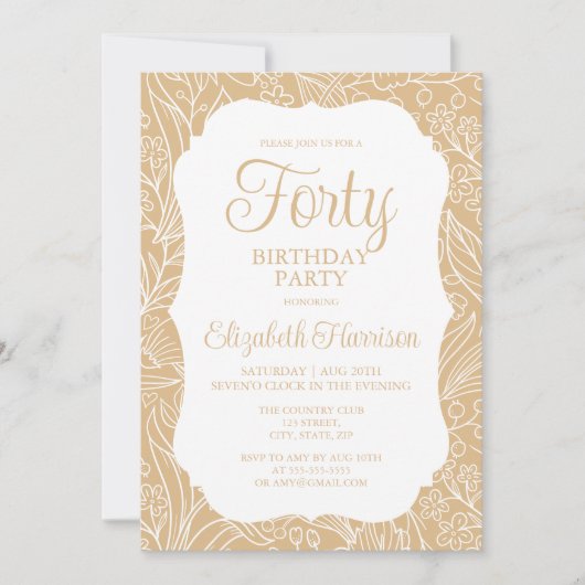Invitation Gold White Flora Femme 40e fête d'anniversaire (Devant)