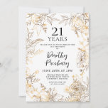 Invitation Gold White Floral 21e anniversaire de fête Invitat<br><div class="desc">Des roses et des feuilles élégants de la ligne d'or entourent les détails de votre 21e anniversaire.</div>