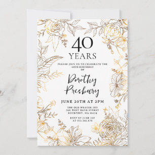 Invitation Gold White Floral 40e anniversaire de fête Invitat