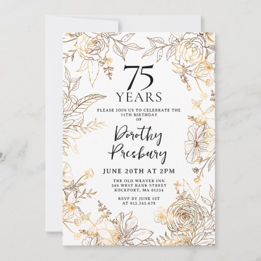 Invitation Gold White Floral 75e anniversaire de fête Invitat (Devant)