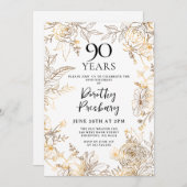 Invitation Gold White Floral 90e fête d'anniversaire (Devant / Derrière)