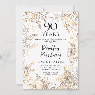 Invitation Gold White Floral 90e fête d'anniversaire