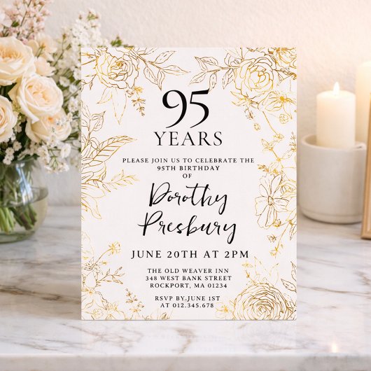 Invitation Gold White Floral 95e fête d'anniversaire