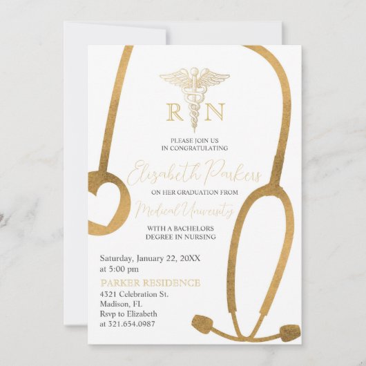 Invitation Gold White Nursing School Graduation Party (Devant)