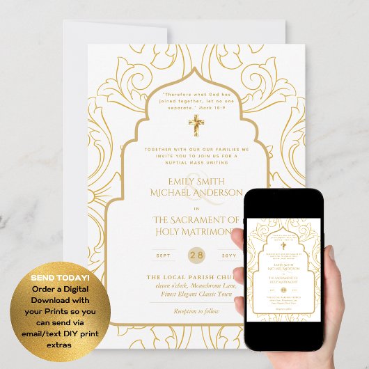 Invitation Gold White Ornate catholique Mariage de messe